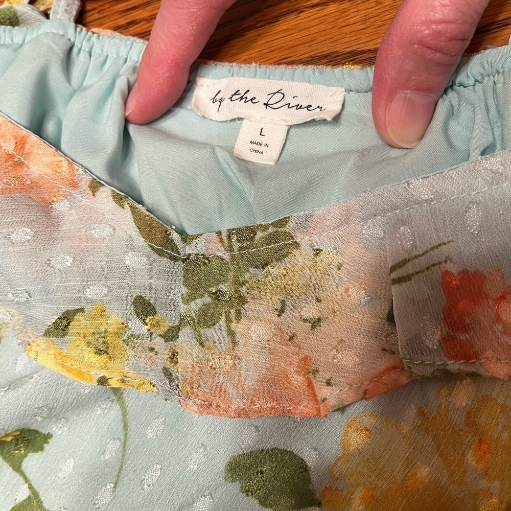 By The River Blossom In Time Blue Multi Floral Ruffle Tiered Midi Dress Size L - Picture 13 of 14
